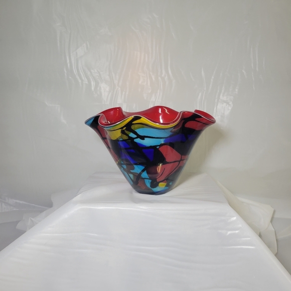 Murano Style Hand Blown Art Glass Ruffled Biwl Red Multi-Color Abstract - Picture 2 of 9